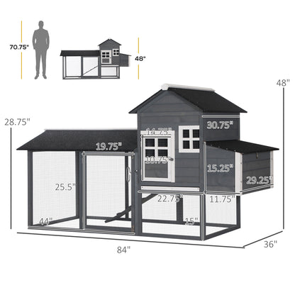 84" Wooden Chicken Coop, Hen House Outdoor with Run Nesting Box, Asphalt Roof, Removable Tray, Ramp, Poultry Cage for 2-3 Chickens, Gray