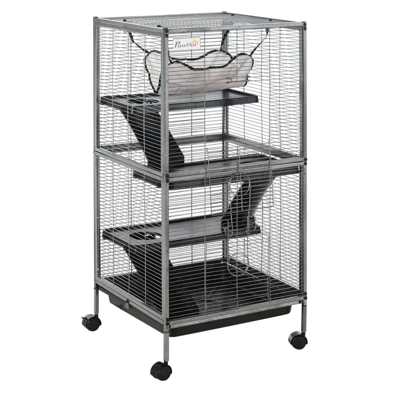 PawHut Metal Small Animal Cage Rolling Big Ferret Cage, Chinchilla Cage, Sugar Glider Cage, With Hammock & 4 Tiers, Removable Tray, Gray