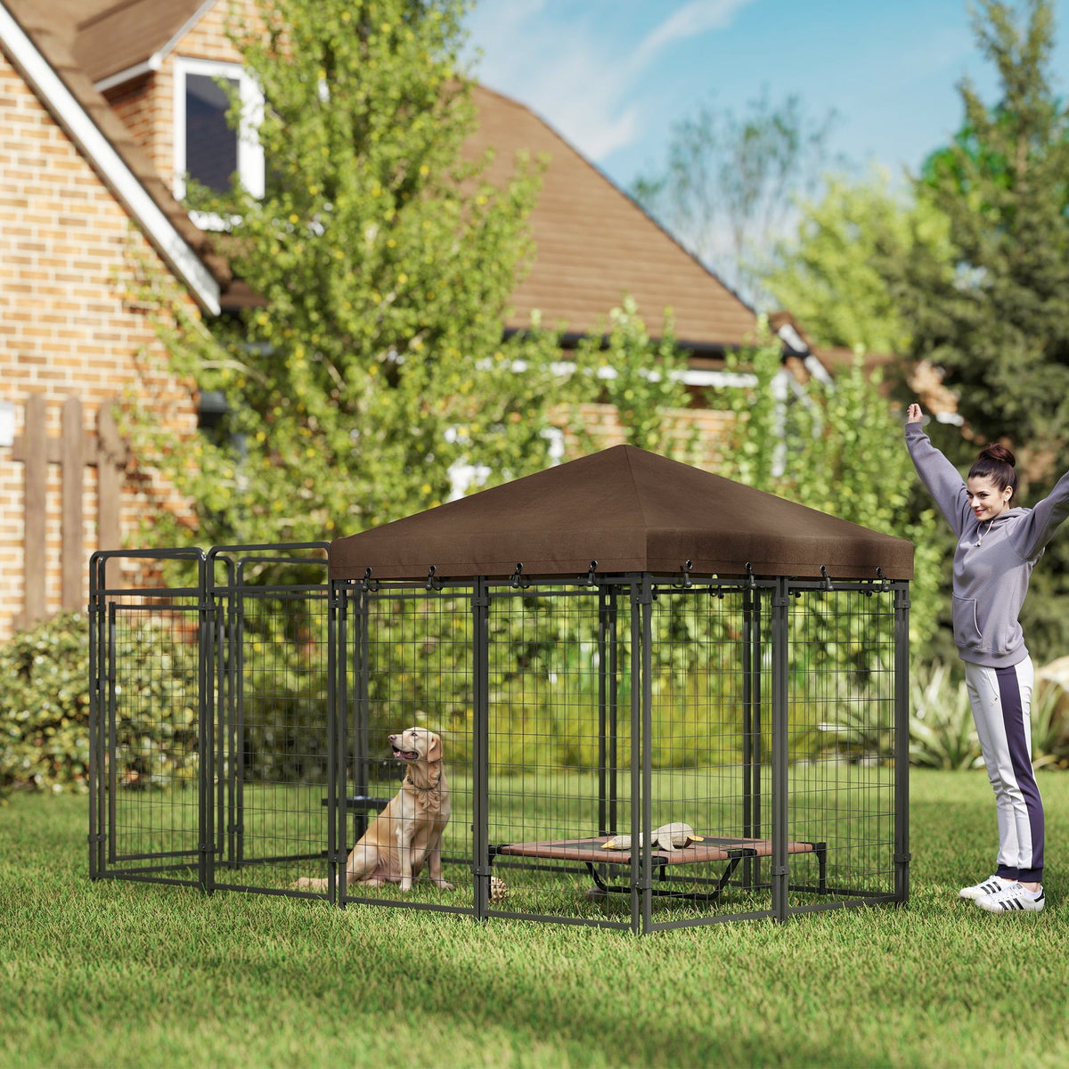 Dog Kennel Outdoor with Waterproof Canopy, Dog Run with Galvanized Chain Link, Secure Lock, for Backyard and Patio, Large and Medium Sized Breeds, Chickens, Ducks, 9.3 x 4.6 x 5.2