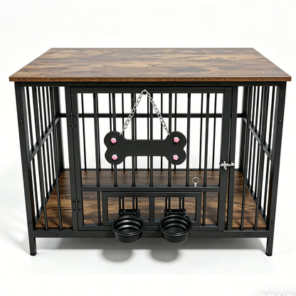 Vintage wood grain dog cage edge,360 degree rotating bowl with safety grade soft silicone material
