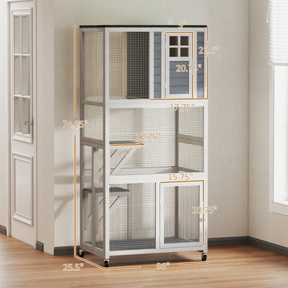 74" Wooden Catio Outdoor Cat Enclosure Weatherproof & Wheeled, Outside Cat House with High Weight Capacity, Kitten Cage Condo, White