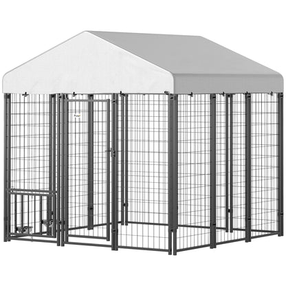 5.9 x 5.9 x 6 Outdoor Dog Kennel with Roof, Rotating & 4-Level Adjustable Bowls