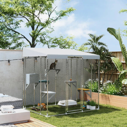 Galvanized Steel Large Catio With Waterproof Canopy, Sleeping Box, Jumping Platforms, For 1-3 Kittens, SilverMultiple Packages Shipped. Please Pay Attention To The Dimensions And Weight In The Details