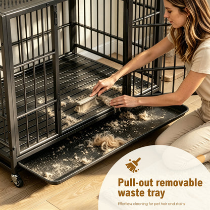 Heavy Duty Dog Crate , Mobile Pet Kennel with Lockable Wheels & Rotary Twist-Latch, Indoor Outdoor Metal Cage with Perforated Top