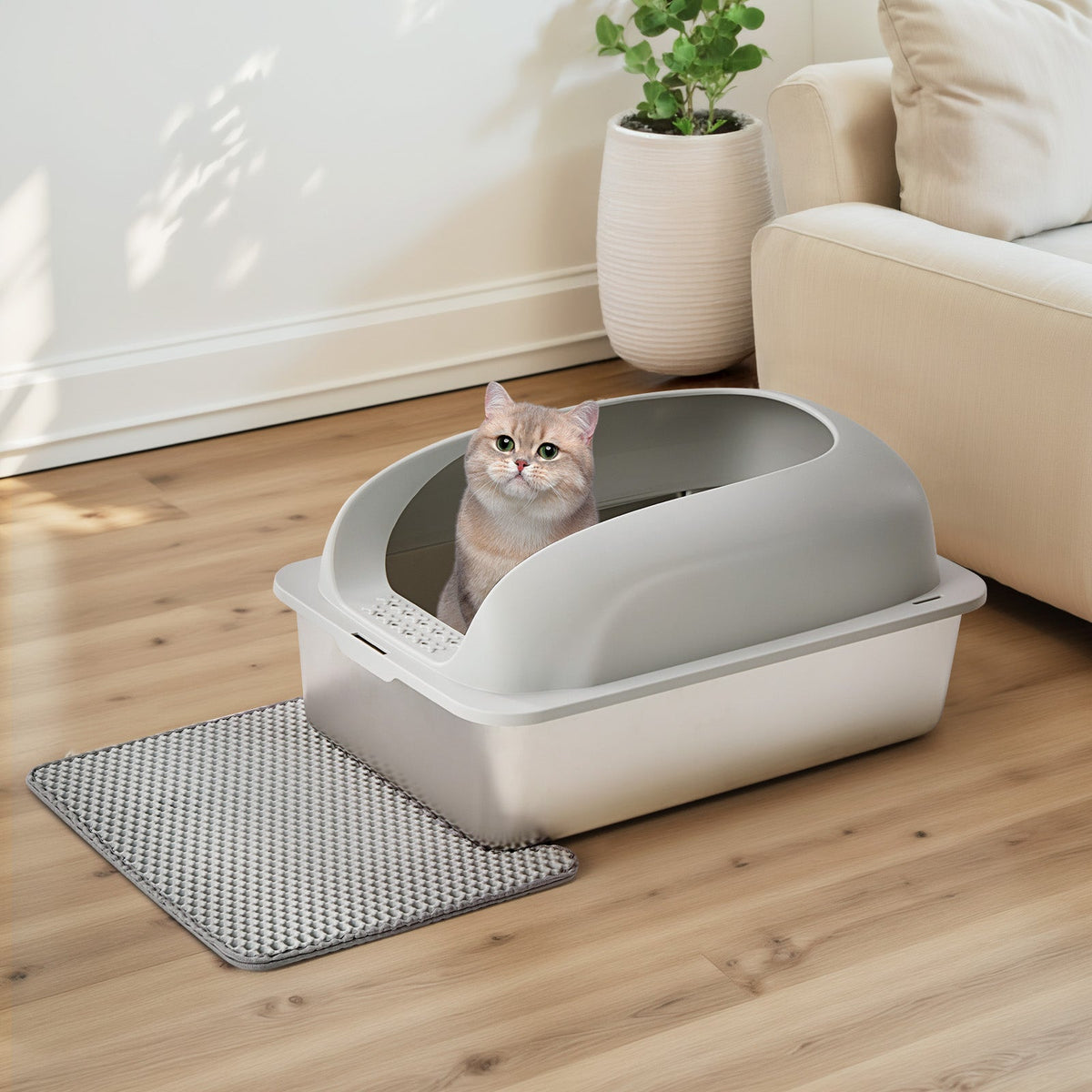 Stainless Steel Cat Litter Box With Lid, Large Cat Litter Box For Big Cats, Scoop And Mat Included