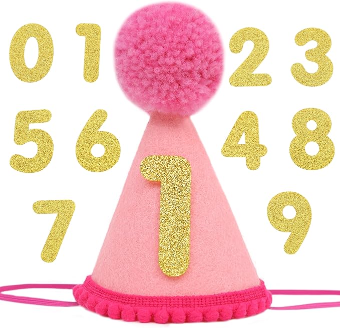 Pet Birthday Hat with Interchangeable Numbers 1-10 | Adjustable Pet Party Cone Hat for Dogs & Cats | Puppy Birthday Photo Props for 1st to 10th Birthday Celebrations (Pink Birthday Pet Hat)