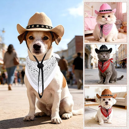 Pet Cowboy Costume, Dog Cowboy Hat with Bandana Scarf, Adjustable Cat Cowboy Hat for Party Cosplay Christmas, Halloween Cowboy Costumes for Small Pet Dogs Cats (Khaki, Medium)