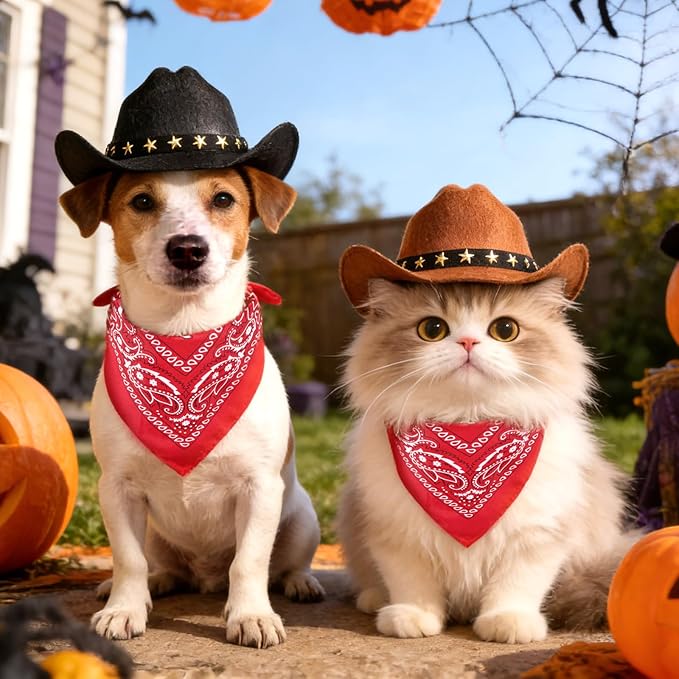 Pet Cowboy Costume, Dog Cowboy Hat with Bandana Scarf, Adjustable Cat Cowboy Hat for Party Cosplay Christmas, Halloween Cowboy Costumes for Small Pet Dogs Cats (Khaki, Medium)