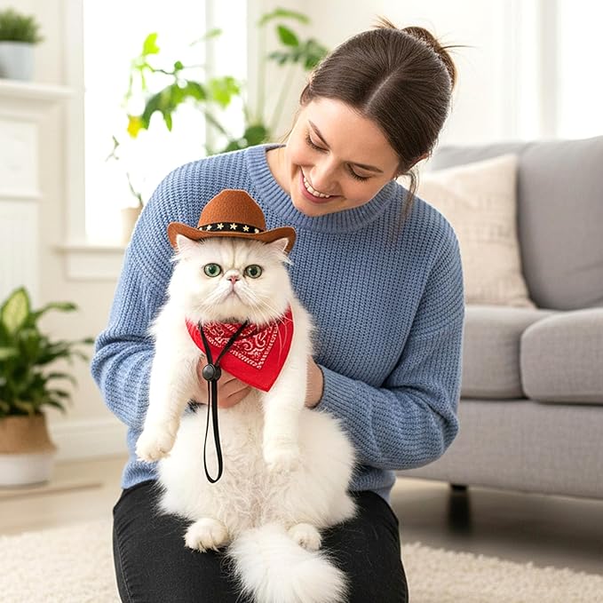 Pet Cowboy Costume, Dog Cowboy Hat with Bandana Scarf, Adjustable Cat Cowboy Hat for Party Cosplay Christmas, Halloween Cowboy Costumes for Small Pet Dogs Cats (Khaki, Medium)