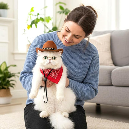 Pet Cowboy Costume, Dog Cowboy Hat with Bandana Scarf, Adjustable Cat Cowboy Hat for Party Cosplay Christmas, Halloween Cowboy Costumes for Small Pet Dogs Cats (Khaki, Medium)