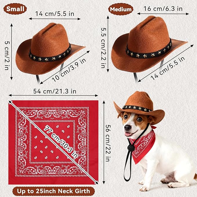 Pet Cowboy Costume, Dog Cowboy Hat with Bandana Scarf, Adjustable Cat Cowboy Hat for Party Cosplay Christmas, Halloween Cowboy Costumes for Small Pet Dogs Cats (Khaki, Medium)