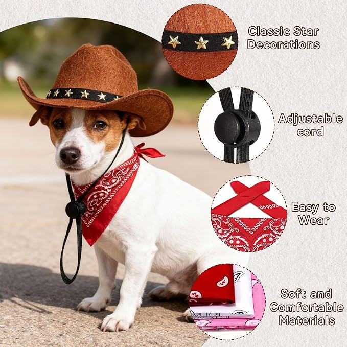 Pet Cowboy Costume, Dog Cowboy Hat with Bandana Scarf, Adjustable Cat Cowboy Hat for Party Cosplay Christmas, Halloween Cowboy Costumes for Small Pet Dogs Cats (Khaki, Medium)