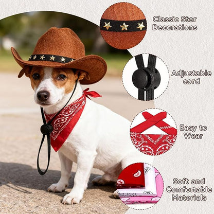 Pet Cowboy Costume, Dog Cowboy Hat with Bandana Scarf, Adjustable Cat Cowboy Hat for Party Cosplay Christmas, Halloween Cowboy Costumes for Small Pet Dogs Cats (Khaki, Medium)
