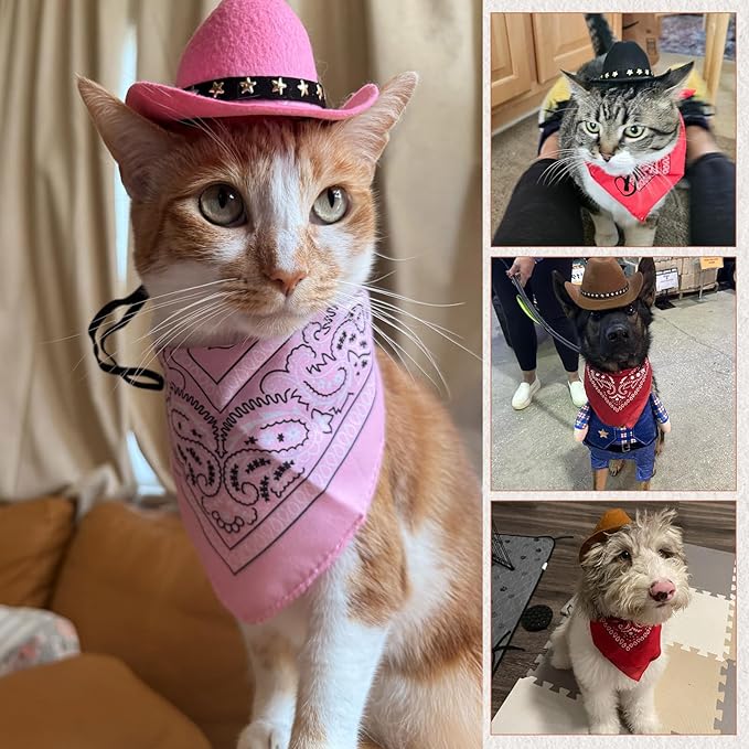 Pet Cowboy Costume, Dog Cowboy Hat with Bandana Scarf, Adjustable Cat Cowboy Hat for Party Cosplay Christmas, Halloween Cowboy Costumes for Small Pet Dogs Cats (Khaki, Medium)