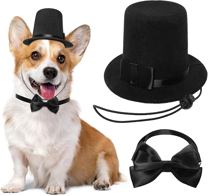 Pet Formal Accessories Set 2 Pcs Dog Costume Top Hat with Formal Pet Tuxedo Bowtie/Necktie Birthday Party Halloween Gradation Christmas Dog Cat Costumes Accessories Black One Size