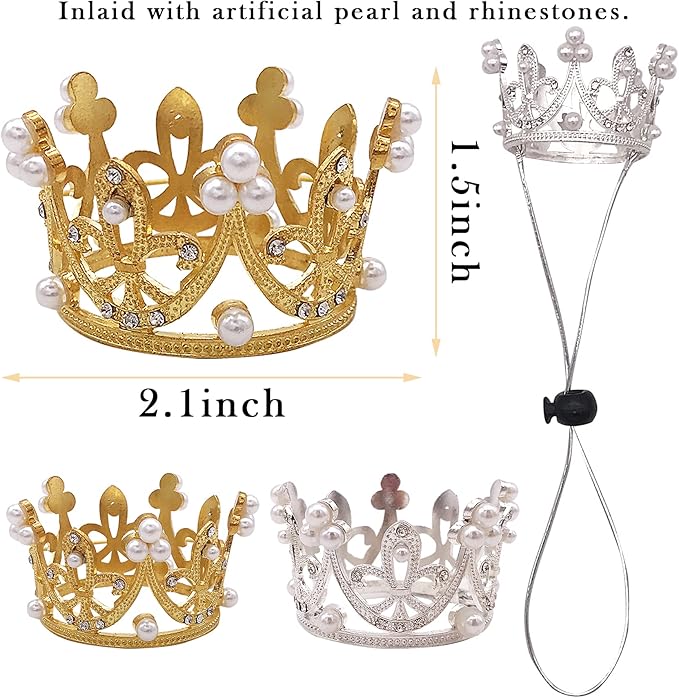 PET SHOW 2pcs Small Dog Crown Headband Puppies Rabbit Cat Hat for Birthday Party Silver Gold Rhinestone Faux Pearl Crown for Pet Holiday Wedding Hair Accessories Photo Prop Costume