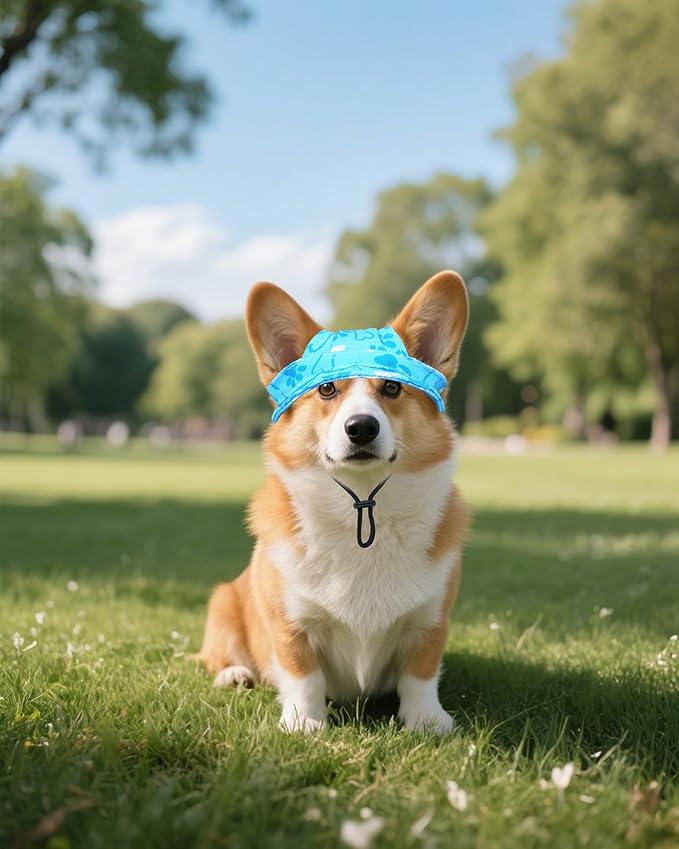PET SHOW Dog Baseball Cap Paw Print Dog Visors for Small Doggy Cats Waterproof Pet Sun Hats with Ear Holes Adjustable Drawstring Boy Puppy Hat - Blue/S