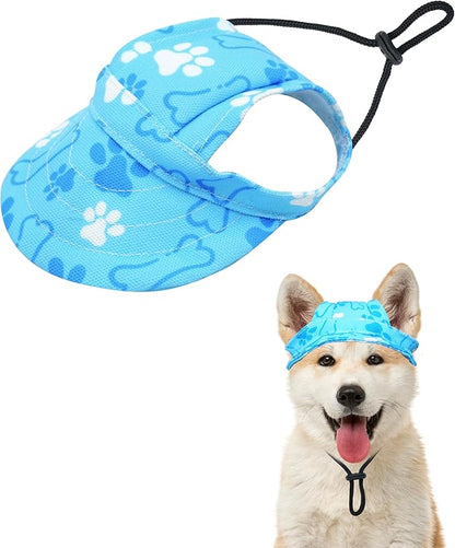 PET SHOW Dog Baseball Cap Paw Print Dog Visors for Small Doggy Cats Waterproof Pet Sun Hats with Ear Holes Adjustable Drawstring Boy Puppy Hat - Blue/S