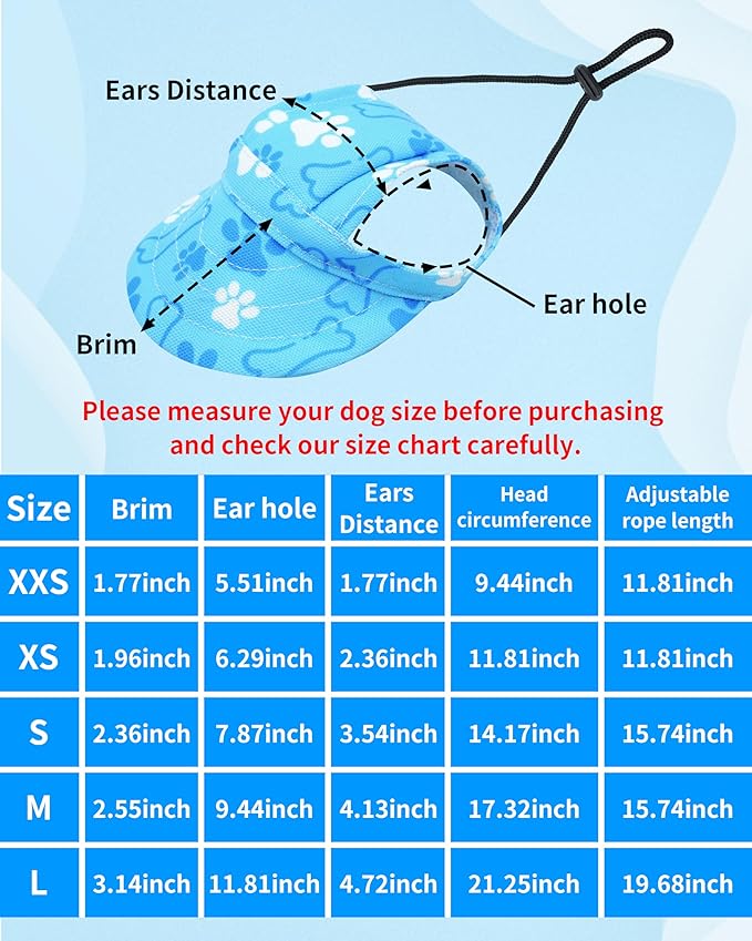PET SHOW Dog Baseball Cap Paw Print Dog Visors for Small Doggy Cats Waterproof Pet Sun Hats with Ear Holes Adjustable Drawstring Boy Puppy Hat - Blue/S