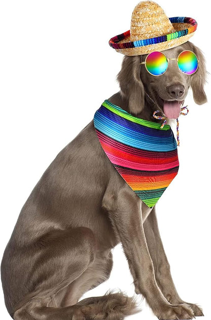 Ramede 3 Pcs Sombrero Hat Pet Mexican Serape Poncho Costume Include Cinco De Mayo Mexican Dog Bandana Fiesta Triangle Bib Summer Round Sunglasses for Small Large Dog Birthday Gift Party Decor Puppy