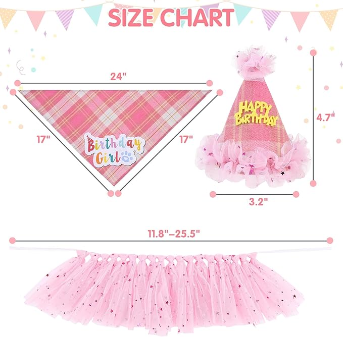 SCENEREAL Dog Birthday Bandana Hat with Dress Girl Set Party Supplies Plaid Puppy Birthday Outfit Cute Dog Tutus for Small Medium Lage Dogs, Pink Plaid