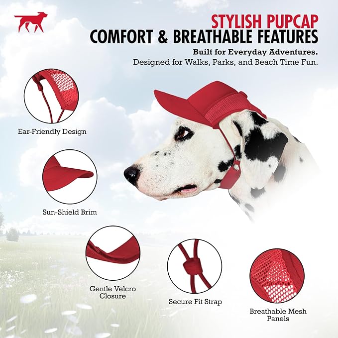 Tuff Pupper Dog Baseball Cap | UV Protection Dog Sun Hat | Breathable Lightweight Design | Secure Adjustable Chin Strap | Quick-Dry Fabric | Reinforced Brim | Small Medium Large Dogs (Red, L)