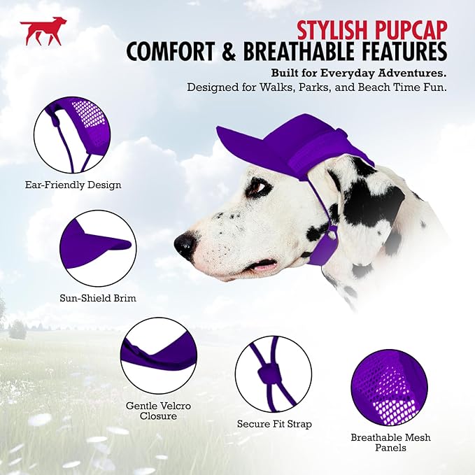 Tuff Pupper Dog Baseball Cap | UV Protection Dog Sun Hat | Breathable Lightweight Design | Secure Adjustable Chin Strap | Quick-Dry Fabric | Reinforced Brim | Small Medium Large Dogs (Purple, S)