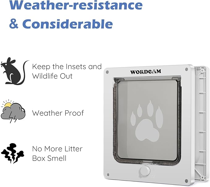 Wordcam X-Large Cat Door, Cat Door for Interior Exterior Doors, 4 Way Locking Pet Door for Cat Up to 25lbs, Cat Flap Privacy Door for Kitten Doggies, Easy Installation, Weatherproof (White, XL)